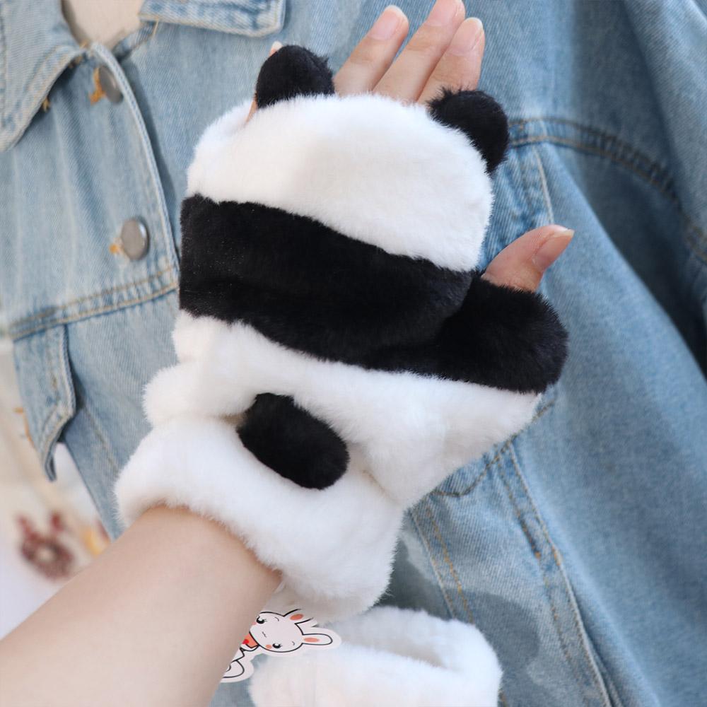Panda Plush Gloves Korean Style Winter Velvet Mittens Soft Half Finger Gloves  Outdoor