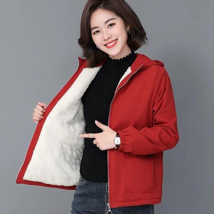 Women's Fleece Jacket Autumn Winter Short Thick Warm Zipper Jacket Loose Women's Hooded Coat Plus Size