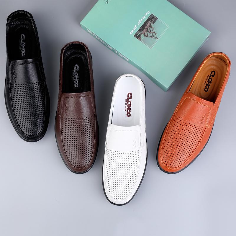 Men's Leather Casual Shoes Breathable Hollow Slip on Lazy Driving Shoes Office Fashion Shoes