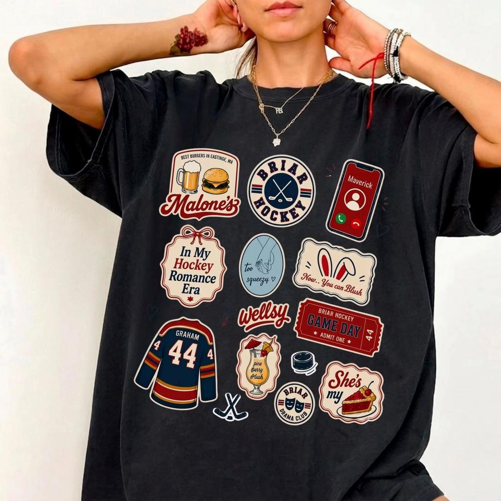 Off Campus Handgezeichnete Illustrationen Stil Unisex T-Shirt Herren Damen Baumwolle Rundhals Eishockey Tägliche Kleidung Cooles Oberteil