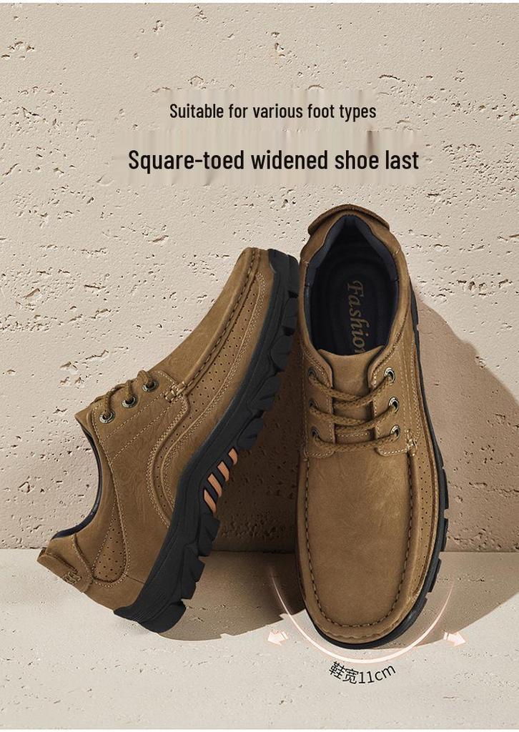 Men's Large Size Genuine Leather Outdoor Mountaineering Shoes - Breathable, Non-slip, Wear-resistant with Thick Sole.