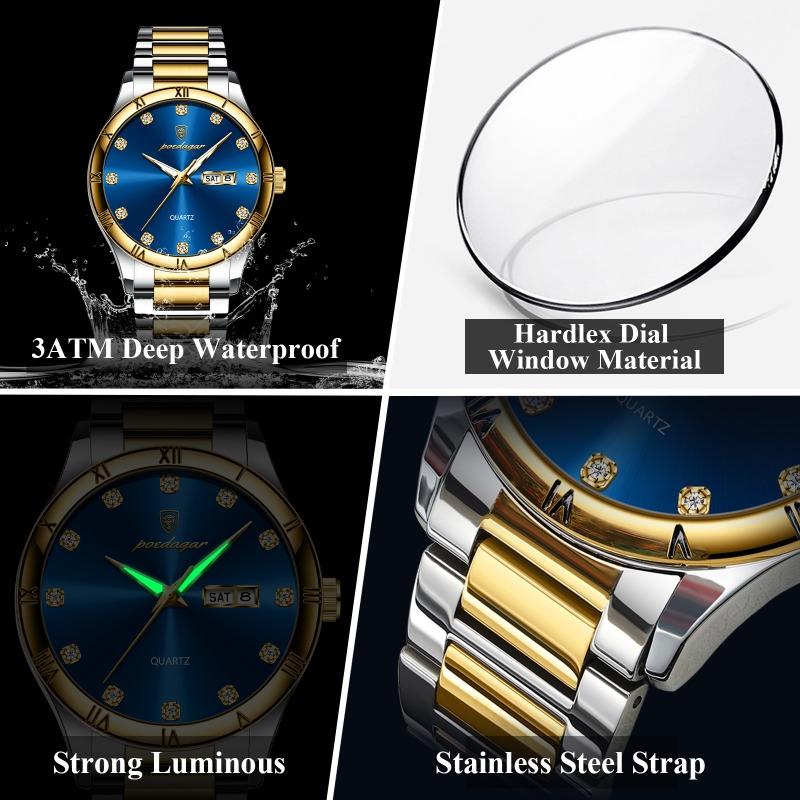 POEDAGAR Top Luxury Watch for Man Date Week Waterproof Luminous Wristwatch Quartz Stainless Steel Men's Watches Sports