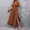 Dresses Femme Spring Summer Elegant Long Dress Women's Short Sleeve V Neck Hem Slit Solid Color Formal Evening Belted Dress Robe