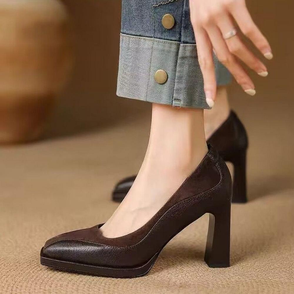 Fashion FHC New Soft Leather High Heels,Women Pumps,Fashion Office Working Shoes,Square Toe,Slip on,Black,Brown,Size 34-39,Dropship