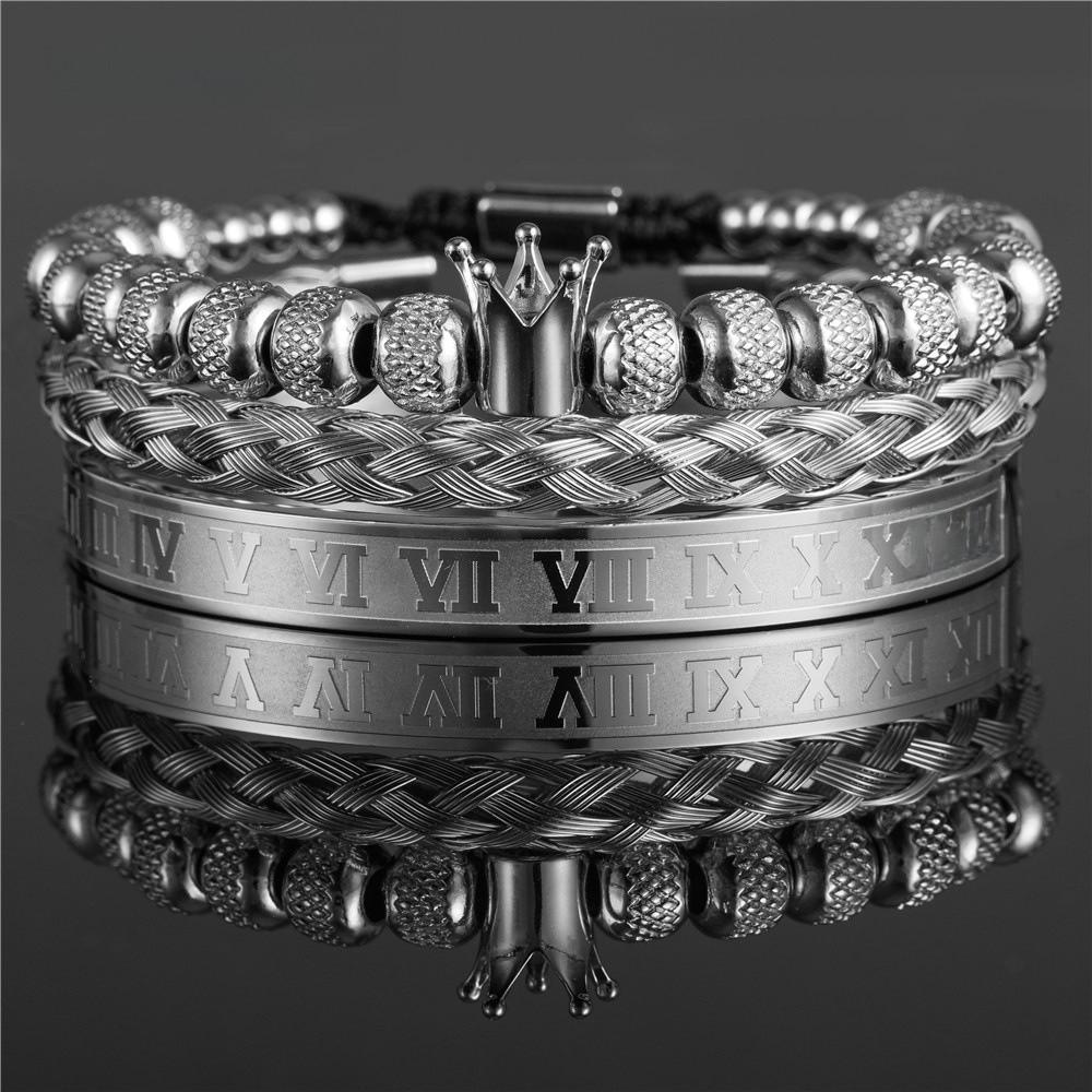 Vintage Crown Stainless Steel Bracelet Set With Letter And Number Charms For Men And Women