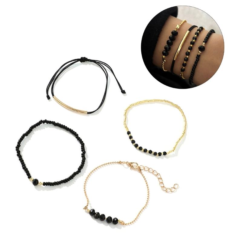 Elegant Black Crystal Imitation Bead Bracelet Set for Women Adjustable Length Handchain Fashion Jewelry Accessories