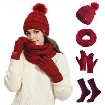 4 Pcs/Set Women Winter Hat Scarf Gloves Socks Set Thick Plush Knitted Warm Cap Touch Screen Gloves Elastic Ear Protection Windproof Winter Outdoor