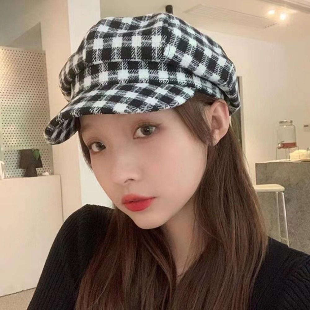 Keep Warm Plaid Beret Hat Small Fragrant Style Women Octagonal Cap Simple Women Painter Hat Artist