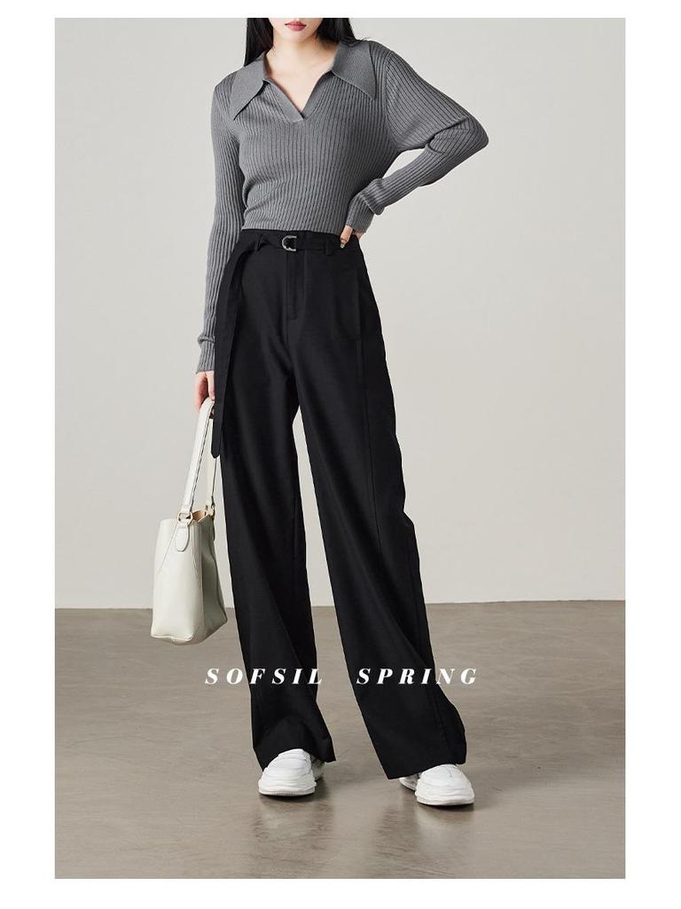 2026 Women's Black Cotton High-Waisted Wide-Leg Pants - Loose, Slimming, and Floor-Length for Spring and Autumn.