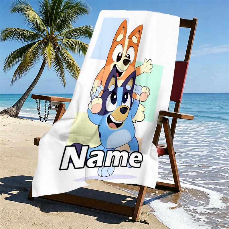 Custom Name Personalized Bluey Print Beach Towel, for Trip Camping Beach Party Home Decor, Birthday Gift for Family & Friends