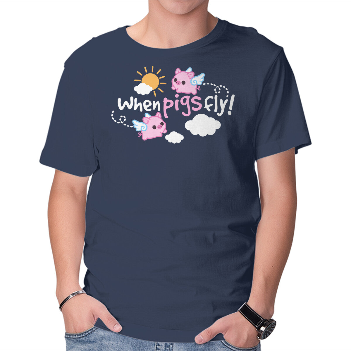 Unisex Crew Neck T-Shirt When Pigs Fly Graphic Short Sleeve Casual Tee XXXXL