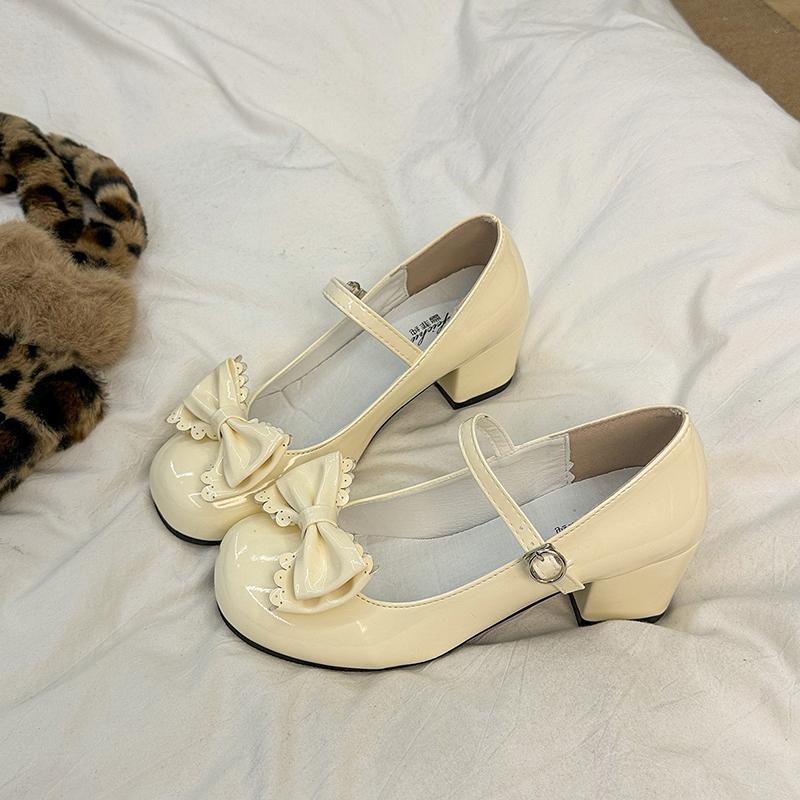 Fashion Women Lolita Shoes Bow Sweet Party Dress Shoes Style Cute Round Head Jane Pumps Midi Heels Fashion High Heels Zapatos De Mujer