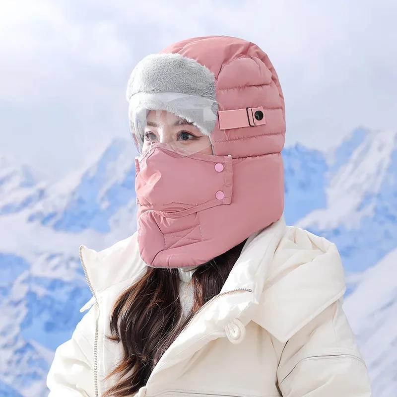 2020New Cycling Cap Ski Winter Windproof Cap Outdoor Hood Cap Cold Padded Hood Beanies Plush Warm Hat Lei Feng Hat with Glass