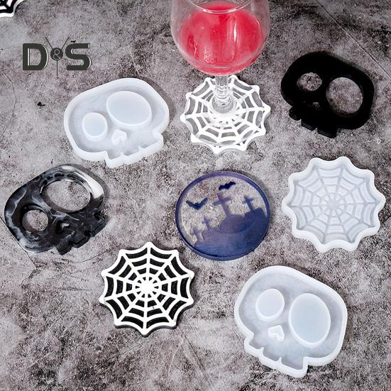 Halloween Coaster Resin Mold Skull Spider Web Tombstone Shape DIY Craft Epoxy Resin Casting Silicone Candle Cup Holder Candle Mould