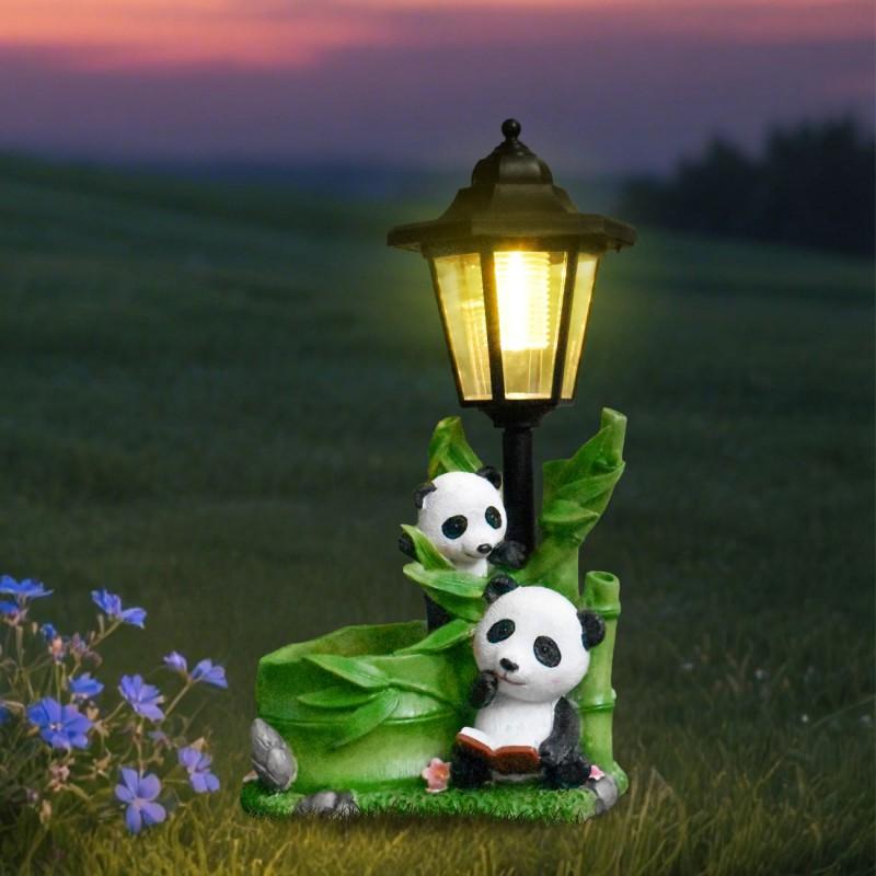 Outdoor Solar Powered Panda Family Statue Resin Garden Decor Yard Patio Lawn Ornament