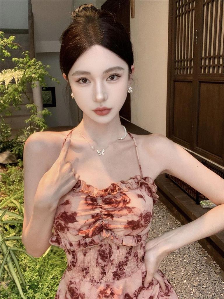 Elegantes französisches Blumenmuster Maxikleid - Sommer, rückenfrei, mit Schlitz und Spaghettiträgern, Trendig und sexy für Damen