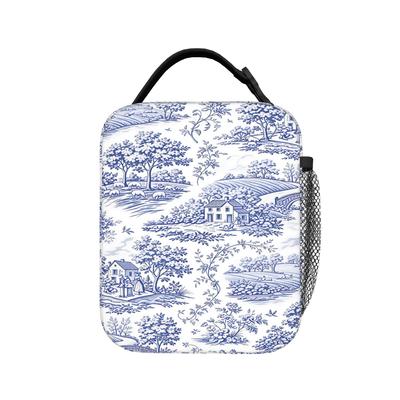 Navy Blue Toile De Jouy  Lunch Bag  Kawaii Lunch Box For Adult Picnic Convenient Cooler Bag Oxford Print Thermal Tote Handbags