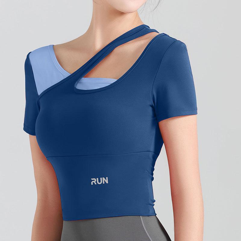 

Летние рубашки для йоги с коротким рукавом, женские бесшовные спортивные укороченные топы для фитнеса, эластичные футболки для бега в тренажерном зале, быстросохнущие футболки S темно-синий