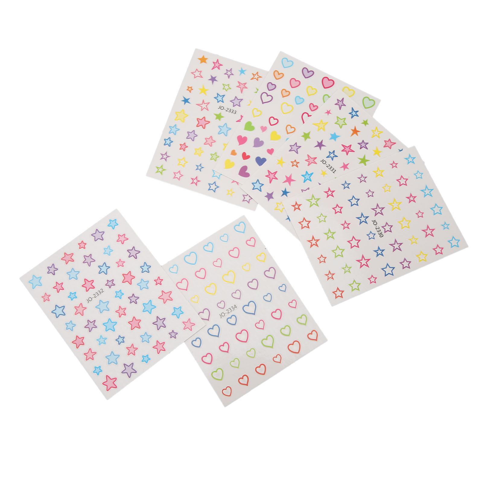 

6 листов наклеек для ногтей в виде звезд и сердец, самоклеящиеся, разных цветов и узоров, наклейки для маникюра