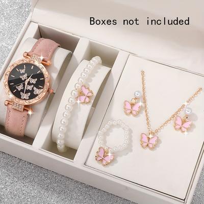 5-piece Set of Women's Leather Watches and Butterfly Jewelry Set As a Gift for Women (excluding Gift Boxes)