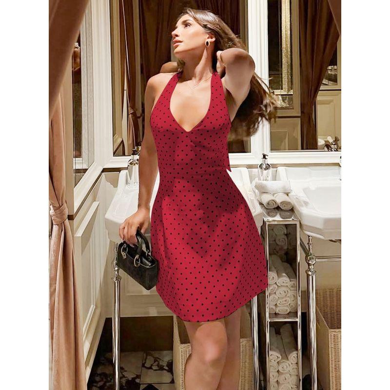 

Shemoda Fashion Wind Wave Point Print Deep V-neck Lace up Halterneck Zipper Backless Dress Female Silm Short Skirt Red S