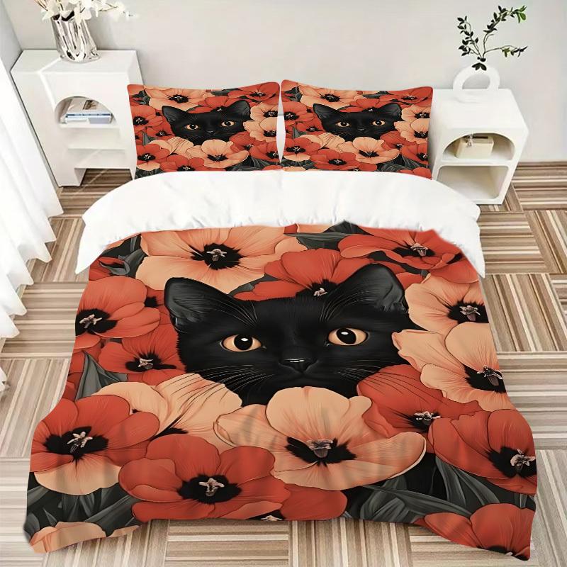 3pcs Black Cat Print Duvet Cover Set - Machine Washable, Includes 1 Cover and 2 Pillowcases, No Core Included Yy251013081