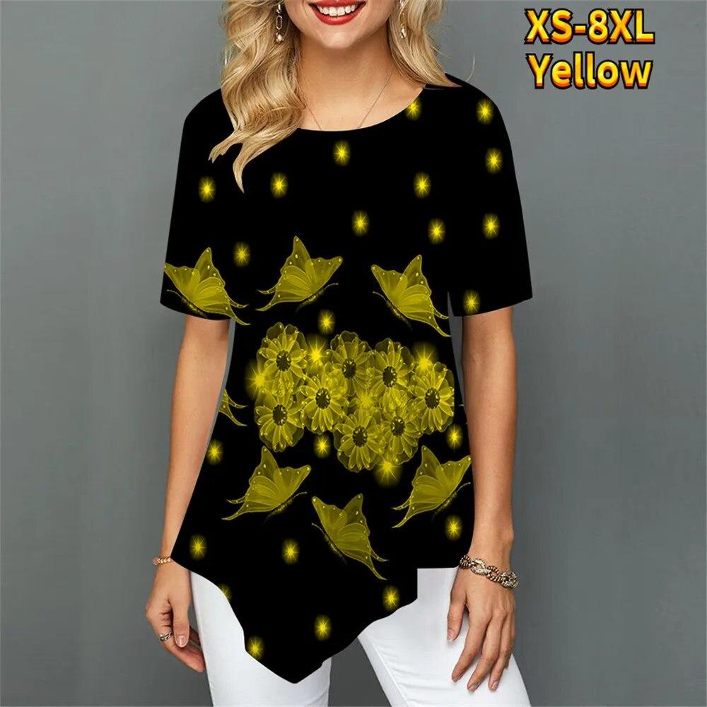Mode Kurzarm Unregelmäßiger Saum Sommer Harajuku Digitaldruck Frauen T-Shirt Element O-Ausschnitt Straße Bequeme Damen Casual
