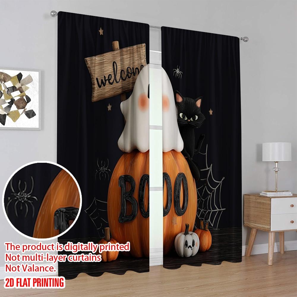 2pcs,2D Plane Printing Popular Curtains Black Cat_ Bats & Pumpkins Versatile Polyester (without Rod) Festive Perfect for Living