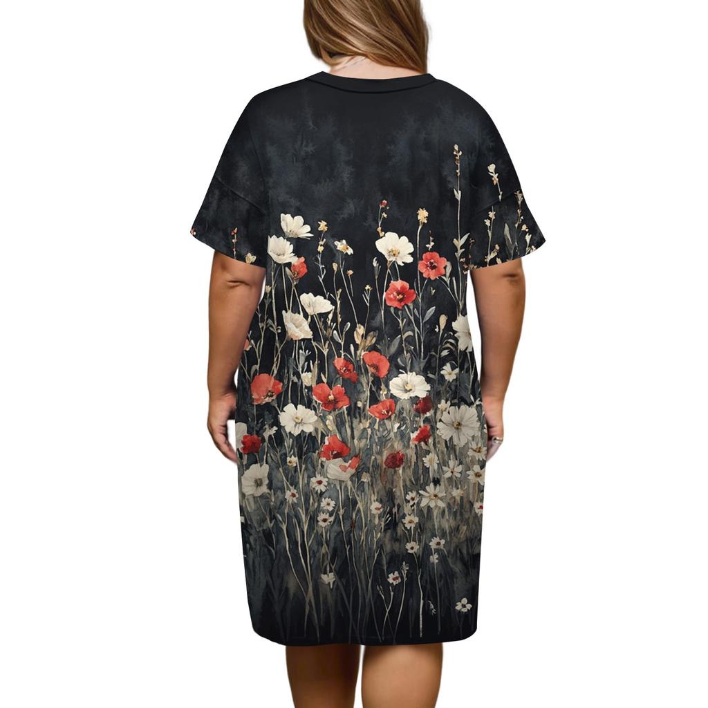 Summer Plus Size V Neck Short Sleeve Knee Pocket  Print Casual Dress For Women