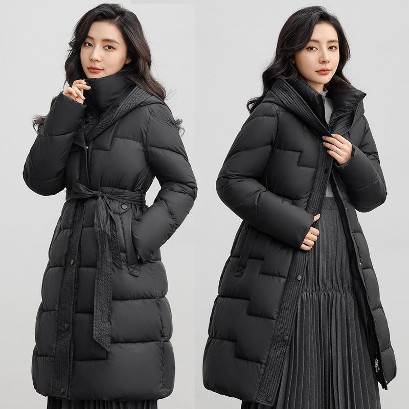 European Women's Over-the-Knee Down Cotton Jacket - Long, Waist-Cinched, Thickened Winter Outerwear.