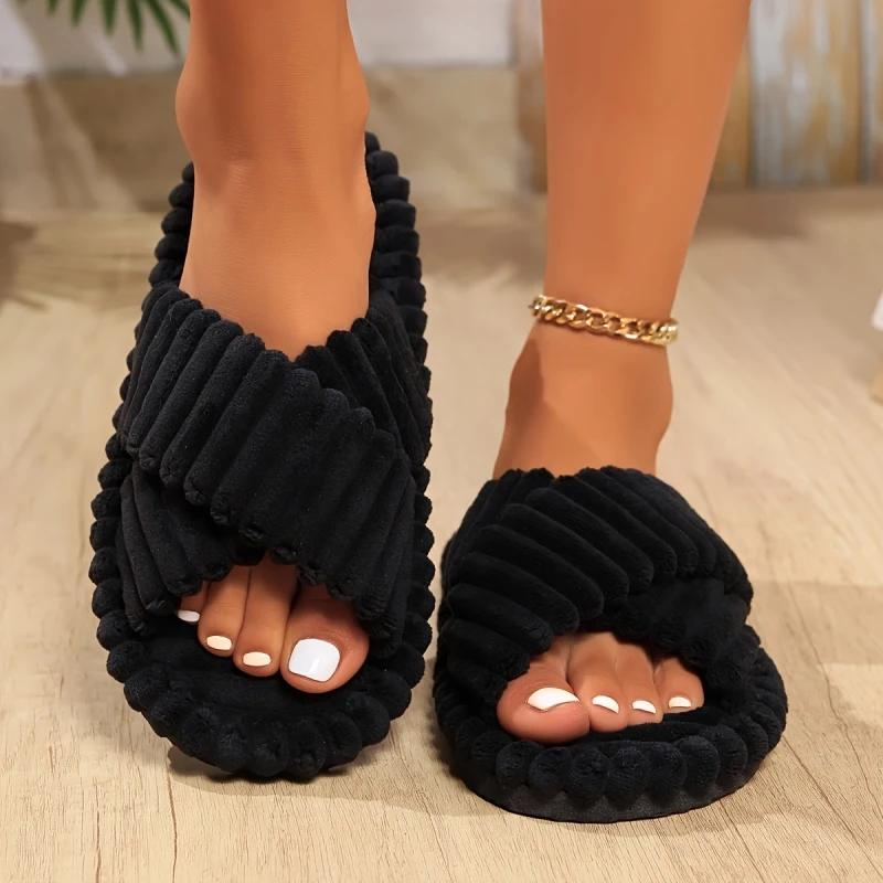 Winter Women Fashion Cross Strap Slippers Females Soft Corduroy Home Slides Men Portable Warm Plush Sandals Couples Lovely Shoes