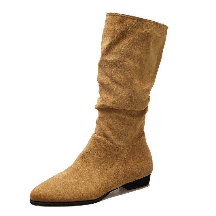 

[Ushilai] pointed-toed temperament boots for women s 2025 winter new thick-heeled fashion casual versatile wrinkled boots 40 коричневий
