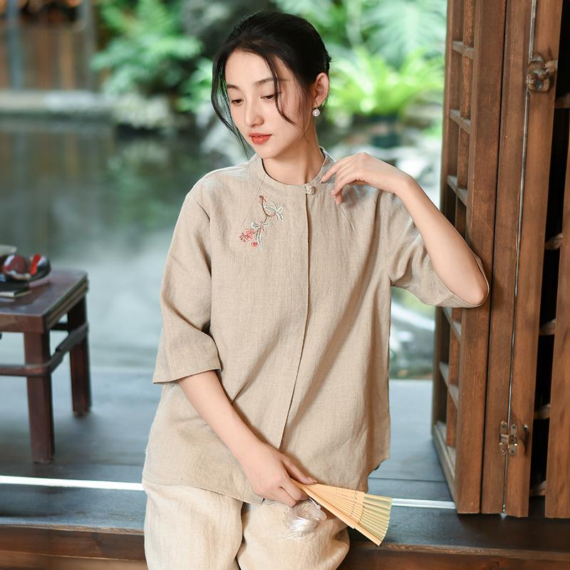 

Johnature Женские винтажные рубашки с цветочной вышивкой, топы, блузки с семью рукавами и пуговицами, рубашки в китайском стиле M хаки