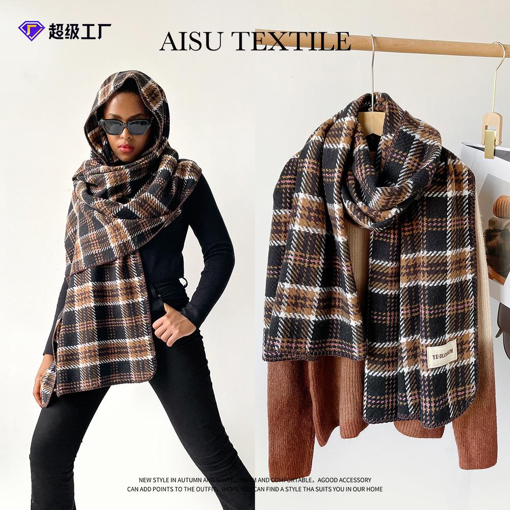 Imitation cashmere plaid shawl women's winter high-end atmosphere black scarf triangular hemming head shawl
