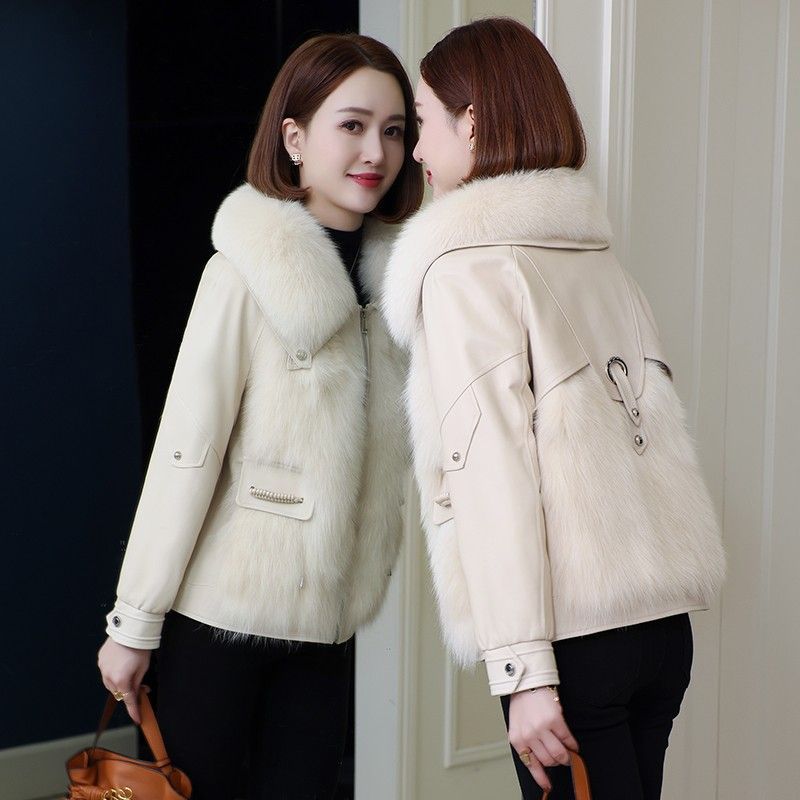 Herbst Winter Damen Lederjacke Kurz Kunstpelzmäntel Steppung Künstlicher Fuchspelzkragen Pelzmantel