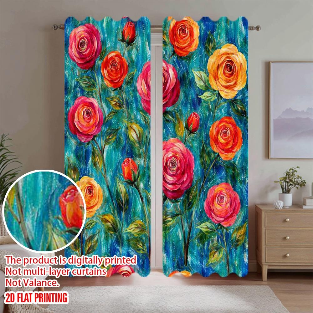 2D flat printing 2pcs Curtain Window Treatment Curtains Vibrant Roses on Blue Digital Printed Polyester Drapes Festive Curtains