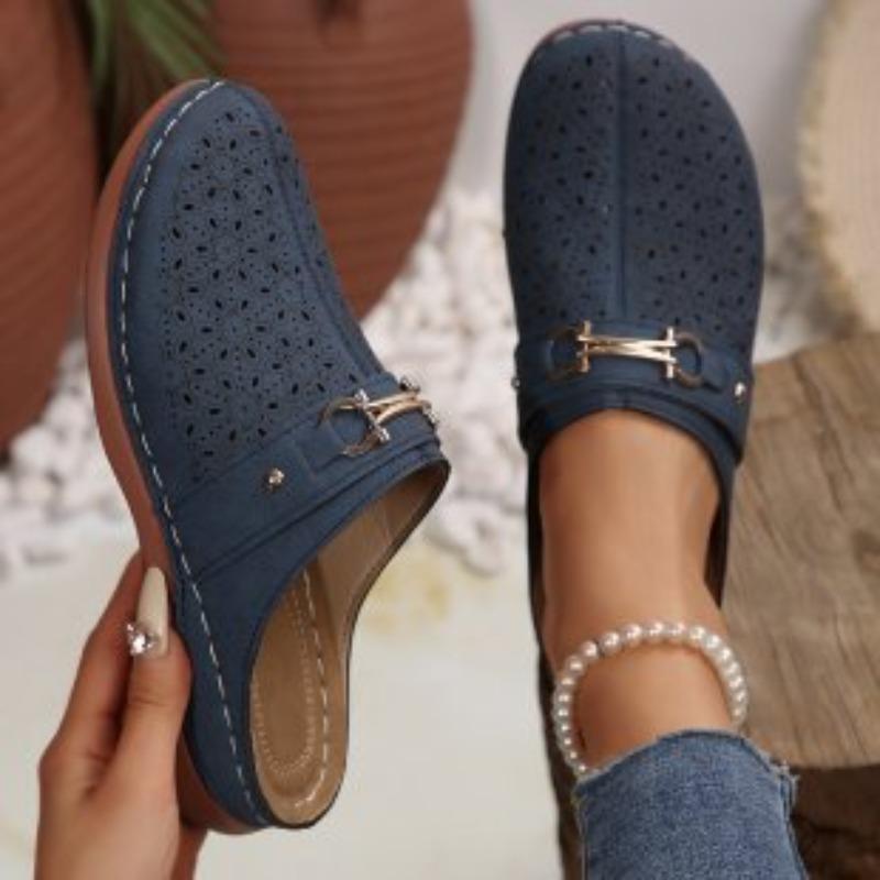 Fashionable Half-slipper Women's Thick-soled Wedge Heel Breathable Hollowed-out Large-head Retro Shoes