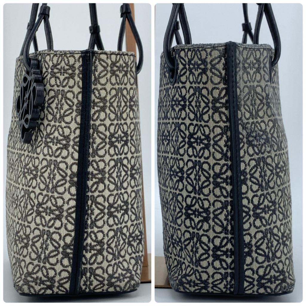 LOEWE Repeat Anagram Jacquard Square Tote Shoulder Bag Canvas Calf Leather Navy Blue Black