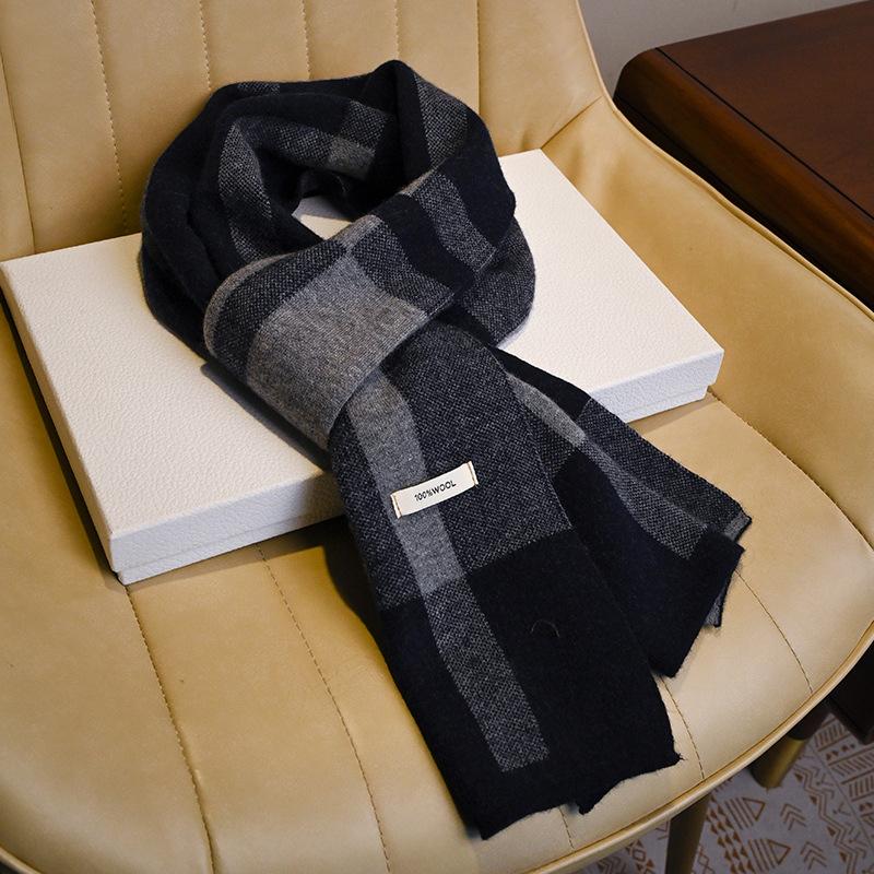 Black and Gray Grid Wool Scarf Men's Winter Versatile High-end Men's Scarf Thickened Warm Knitting