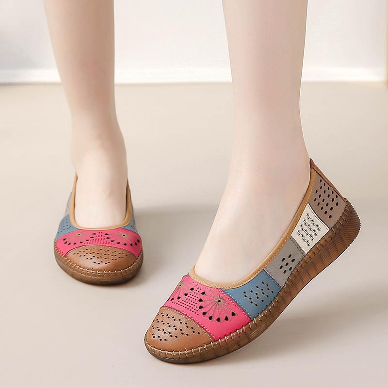 Fashion New summer cutout ballet flats women's genuine leather moccasins slip on shoes low vamp loafers woman patchwork shallow flats