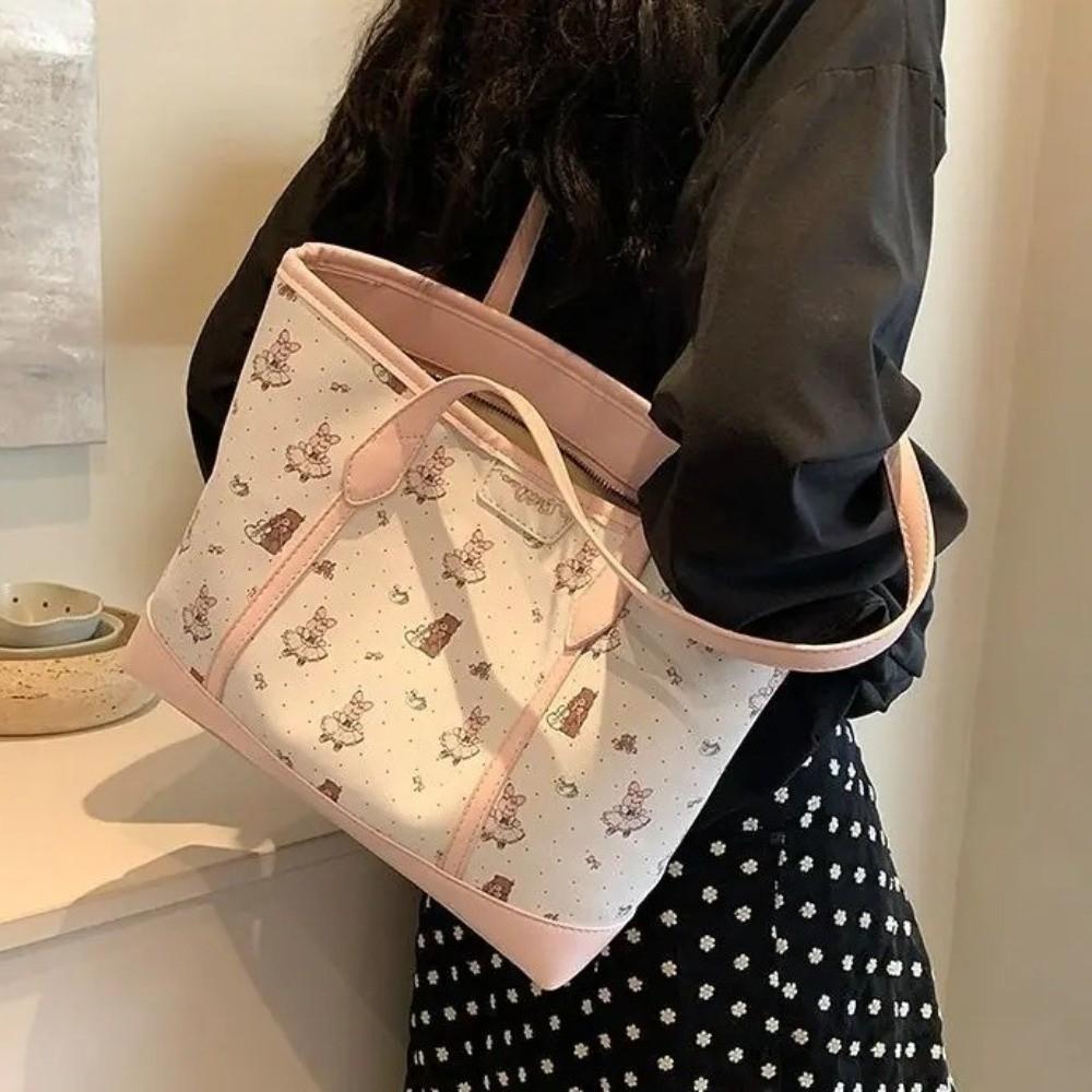 Cartoon Aesthetic Print Handbag Bear Rabbit Print Tote Bag Portable Commuting Bag  College Students