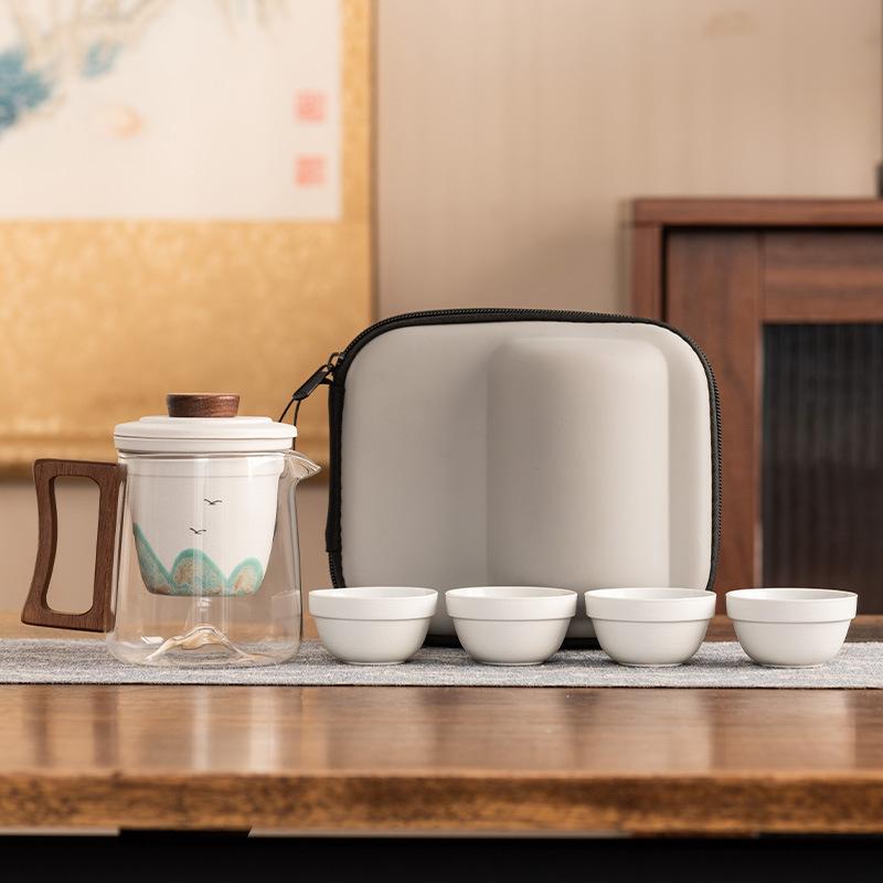 Light Luxury Glass Travel Tea Set, One Pot of Four Cups, High-end Portable Bag, Ceramic Liner Filter, Business Gift Souvenir