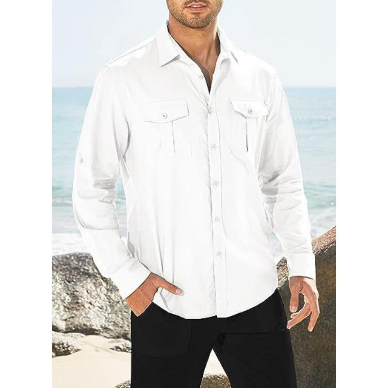 Camisa de Hombre Bolsillo Doble Mezclas de Algodón Camisa de Manga Larga Camisas Casuales para Vacaciones