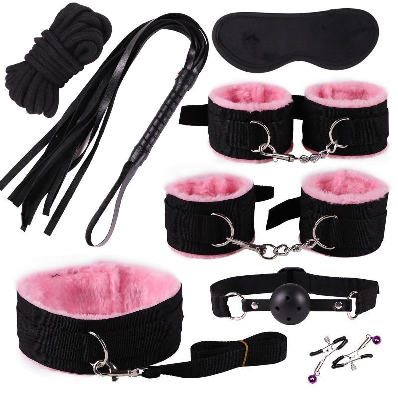 8pcs Sex Toy Kits for Couple Erotic Slave Bondage Set  Soft Neck Handcuffs Adult Games Restraints Mouth Gags Nipple Clip Set