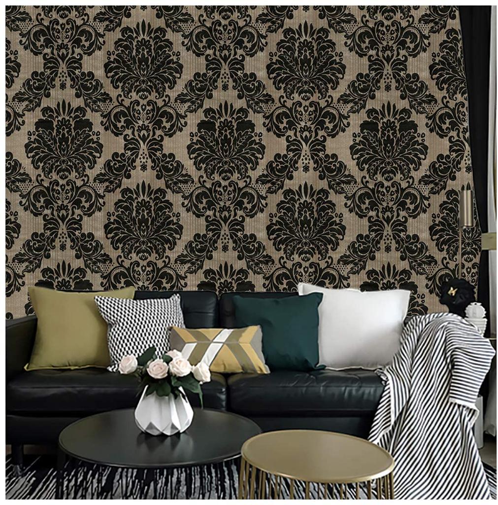 Vinyl Damask Wallpaper Peel and Stick Wallpaper Black Floral Self Adhesive Wallpaper for Bedroom Livingroom Home Wall Decoration