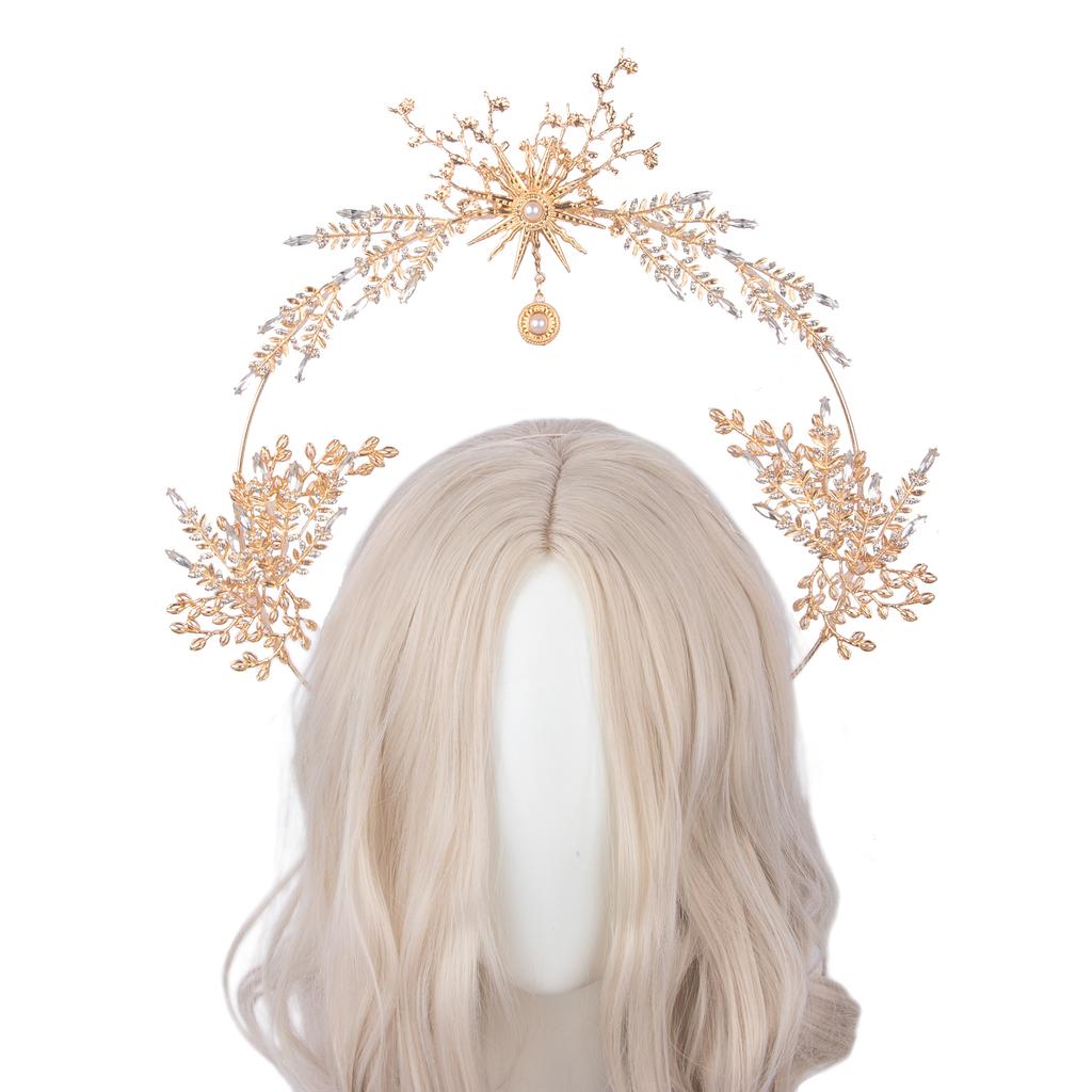 Corona Halo KC Dea del Sole Lolita Fatta a Mano Corona Nuziale Sposa Corona Foglia Cristallo Dorato Barocco Accessori per Capelli Tiara