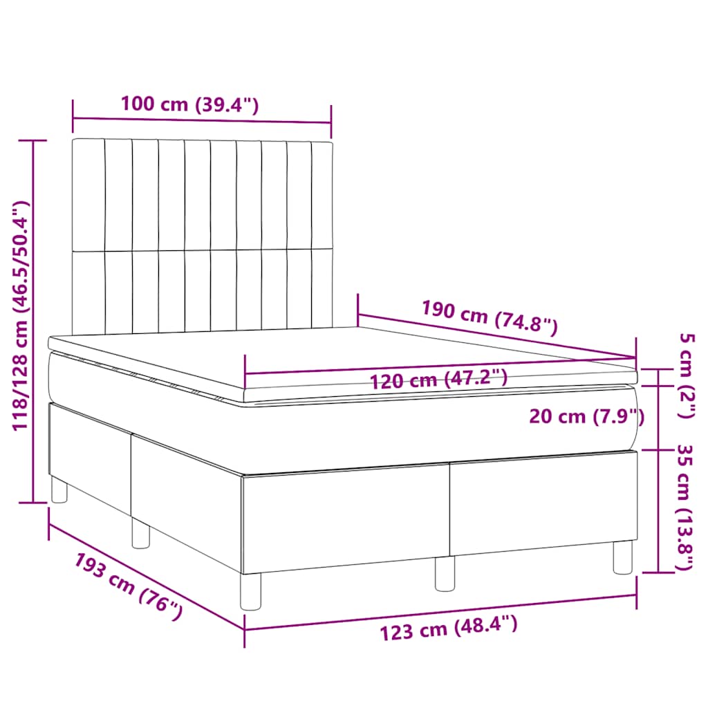 Cama com Base Box, Colchão e LED Marrom Escuro 120 x 190 cm Tecido