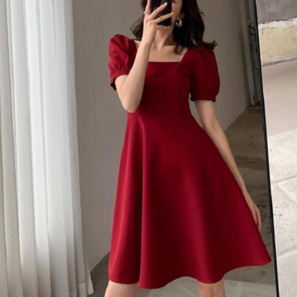 Square Neck Retro Short Sleeve Women Dress  Fashion Summer Elegant Female Basic Bodycon A Line Dresses