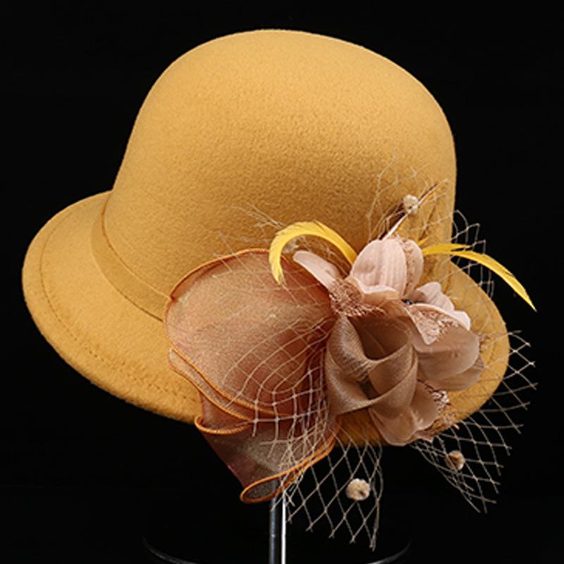 Autumn and winter new feather flower woolen top hat women's British retro casual bucket hat fashion mesh small brim basin hat