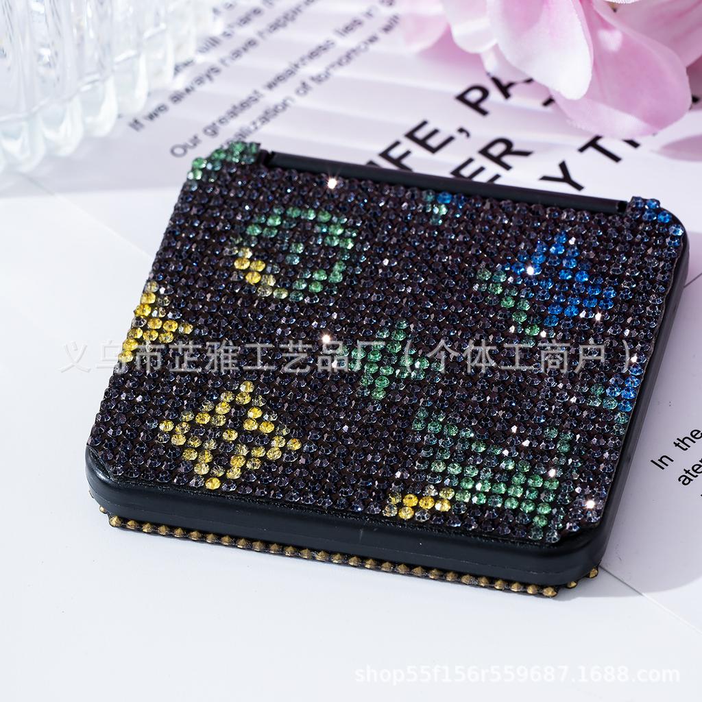 Modischer Tragbarer Kosmetikspiegel mit Strasssteinen, Kosmetikspiegel, Geschenk + Körper Flip Quadratischer Spiegel Handheld Doppelseitig Faltbar